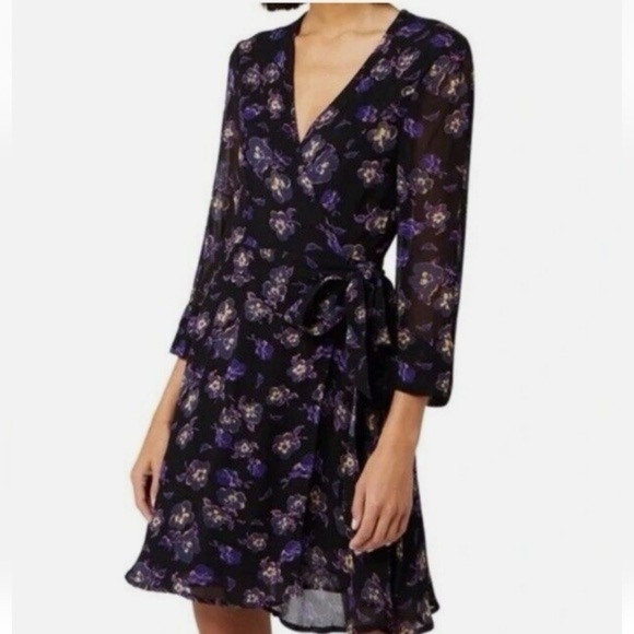 GANNI Georgette Floral Print Purple Black Long Sleeve Mini Wrap Dress Size 36 - Picture 1 of 16